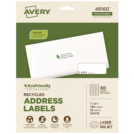 Avery EcoFriendly Mailing Labels, Inkjet/Laser, 1 x 2.63, White, PK750 48160